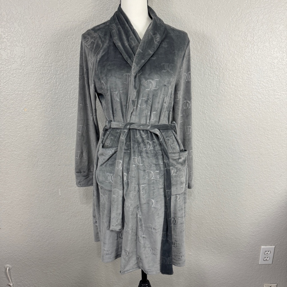 Juicy Couture Charcoal Plush Robe Velvet Gray Logo‎ S/M Collard Pockets #cc